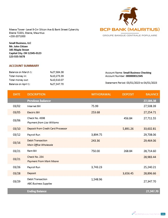 Download BCP Bank enterprise account statement Word and PDF template Photoshop template